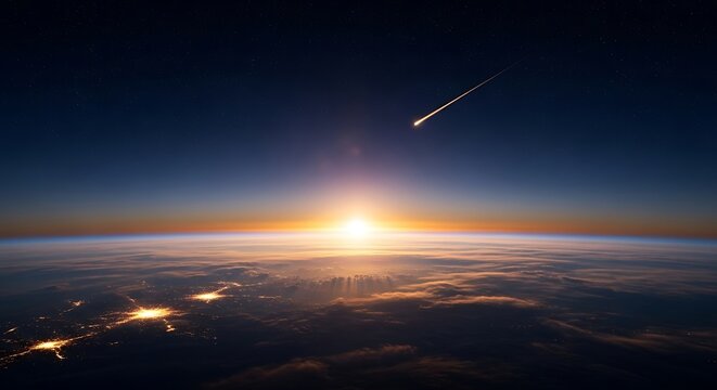 A breathtaking celestial scene depicts a fiery meteor streaking across a darkening night sky as the sun rises over Earth's horizon