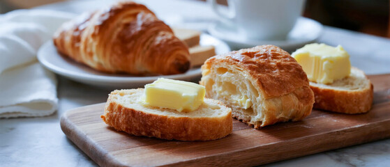 Freshly baked croissants with butter served on a wooden board and plate