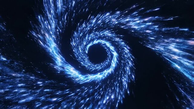 Abstract blue energy particles swirl into a galactic vortex forming a dynamic funnel or wormhole in deep space with vibrant light effects