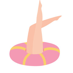 Pair Of Legs Emerging From A Pink And Yellow Inflatable Ring With A White Background
