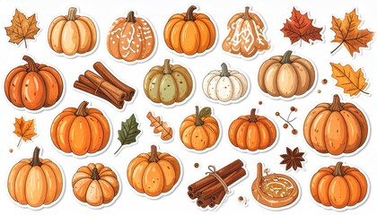A charming collection of autumn-themed sticker illustrations featuring various pumpkins, fall leaves, cinnamon sticks, and star anise on a white background.
