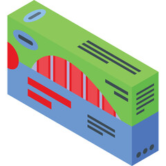 Isometric Packaging Box with Green Top Blue Bottom and Red Curved Design Elements