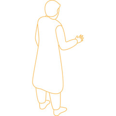 Isometric outline of a person in traditional clothing standing with hands open against a transparent background captured in orange digital art style
