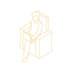 Isometric Outline Of A Person Sitting In A Chair Holding A Laptop With A Transparent Background