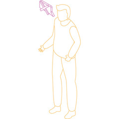 Isometric Outline of a Person with a Purple and Pink Drone Above Their Head Against a White Background Representing Technology and Innovation