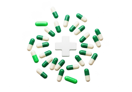 Green and white capsules arranged around cross symbol isolated on transparent background