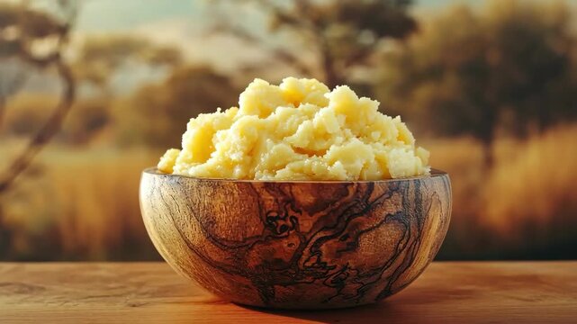 Bowl of shea butter on a wooden surface with a blurred nature background.