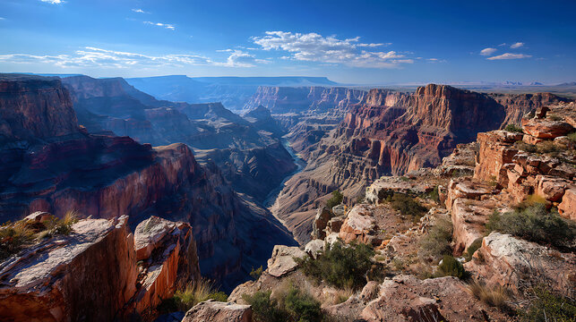 A panoramic view of the Grand Canyon under a clear blue sky