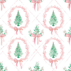 Christmas pink wreaths, trees and bows vector pattern in retro style. Cute seamless coquette background. Vintage Illustration for greeting cards, invitations, holiday fabric or wrapping paper