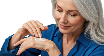 Senior woman applying hand cream for skin care routine, closeup view isolated on transparent background