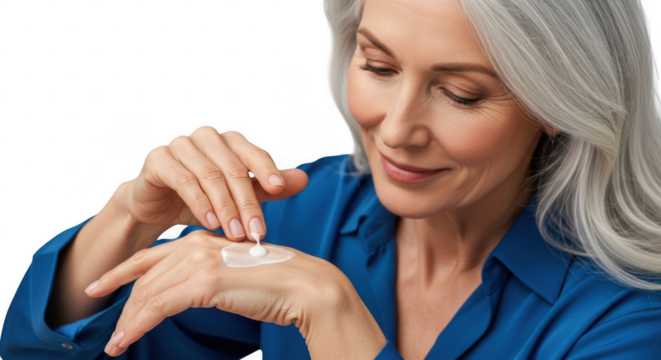 Senior woman applying hand cream for skin care routine, closeup view isolated on transparent background