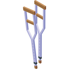 Pair Of White Crutches With Wooden Hand Grips And Adjustable Height Settings In Isometric View Against A Transparent Background
