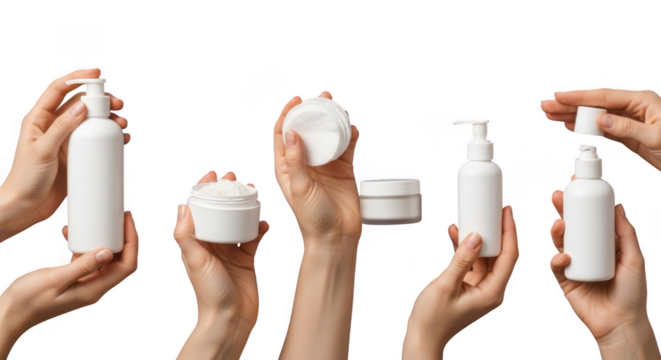 Assorted skincare and cosmetic bottles held by hands isolated on transparent background