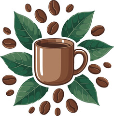 Whimsical coffee mug and coffee bean illustration perfect for t shirt designs isolated on white background