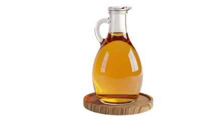 Bottle of apple cider vinegar on a wooden coaster isolated on white isolated on transparent background