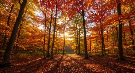 Obraz premium Sunlight filters through vibrant autumn trees in a serene forest.