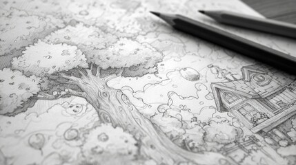 Obraz premium Intricate Pencil Drawing of a Whimsical Tree and Cottage Surrounded by Fluffy Clouds and Imaginative Details