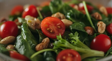 Fresh salad with spinach, tomatoes, and nuts, a healthy and vibrant dish.
