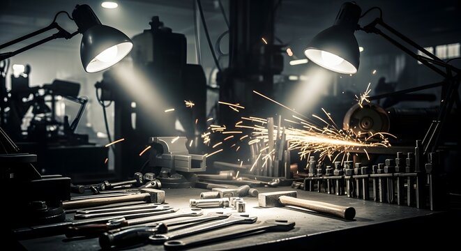 Sparks flying from metalworking in a dimly lit workshop