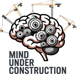 Creative mind under construction concept with gears and brain illustration isolated on white background