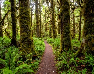 Fototapeta premium Lush forest path lined with mossy trees