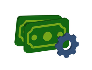 Simple 3D illustration of a banknote icon with gears. Transparent background, PNG format.