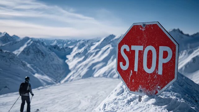 A red stop sign on a snowy mountain slope with a skier and a majestic mountain range