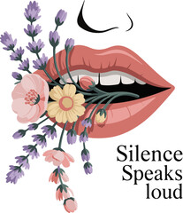 Inspirational quote silence speaks loud typography design with abstract elements isolated on white background