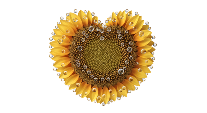 Heart shaped sunflower with water droplets isolated on transparent background