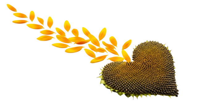 Sunflower heart with seeds isolated on transparent background, love and nature concept