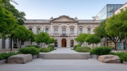 Grand Symmetrical Stone Building Facade With Ornate Details And Lush Green Trees Framing The Entrance In Soft Daylight