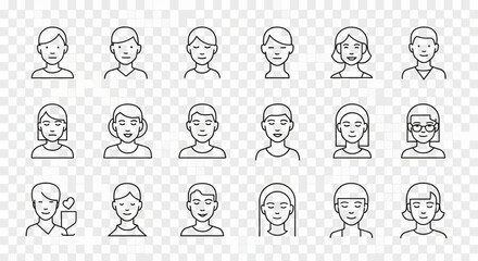 A collection of minimalist line art icons depicting various human faces and headshots of diverse individuals.