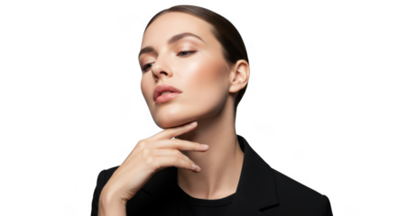 Elegant woman in black blazer touching chin isolated on transparent background