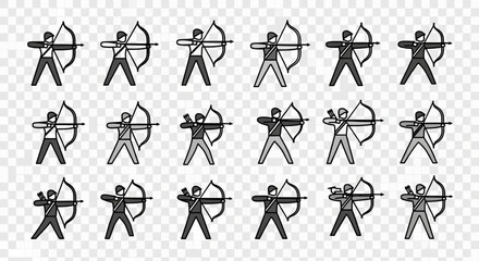 Multiple archer icons in rows, depicting figures aiming bows and arrows, some with variations in clothing and stance.
