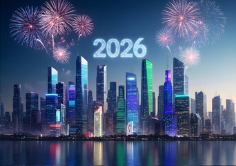 2026 New Year Celebration over Modern City Skyline with Neon Lights