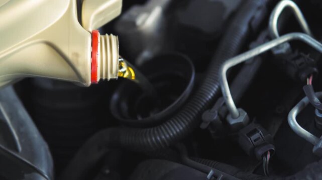 Mechanic pouring changing car engine oil in car repair shop