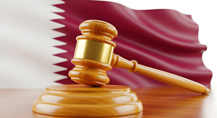 Gavel and qatar flag on wooden table, symbol of law and justice