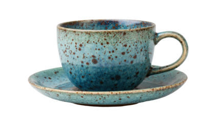 A speckled turquoise coffee cup and saucer set. The cup sits atop the saucer, handle right
