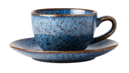 A ceramic teacup and saucer set with a speckled blue glaze and a dark brown rim
