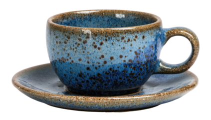 Close-up shot of a ceramic cup and saucer in varying shades of blue and brown