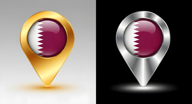 Qatar flag map pointer in gold and silver isolated on black and gray