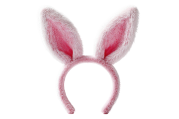 A fluffy, pink bunny ears headband isolated on a transparent background