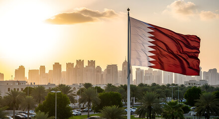 Qatar flag waving in the skyline, national symbol of the middle east