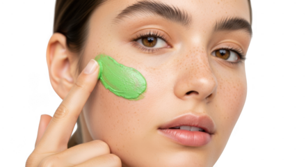 Young woman applying green skincare gel patch on face isolated on transparent background