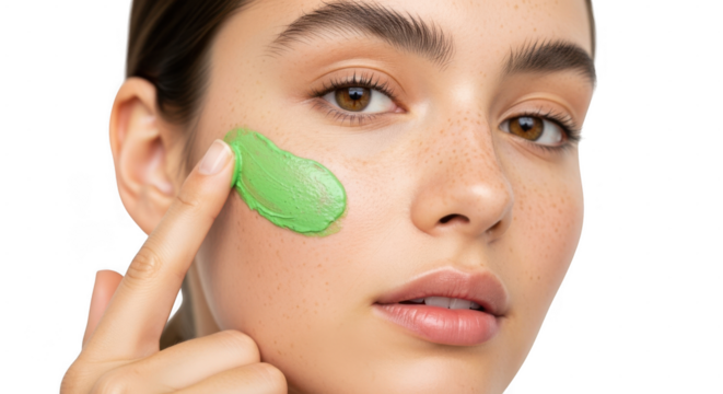 Young woman applying green skincare gel patch on face isolated on transparent background
