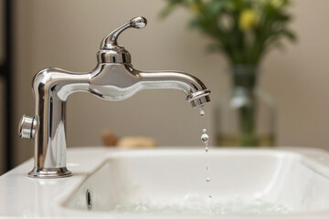 Interior bathroom, Faucet and water drop close up. Bathroom interior with sink and water tap. Flow water in bathroom with sink.