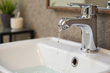 Interior bathroom, Faucet and water drop close up. Bathroom interior with sink and water tap. Flow water in bathroom with sink.