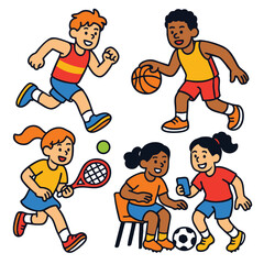 Children running, playing basketball, tennis, and soccer, smiling and energetic, active lifestyle
