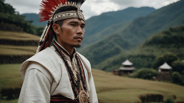 Handsome Igorot man in white themed ornate garment on a historical background