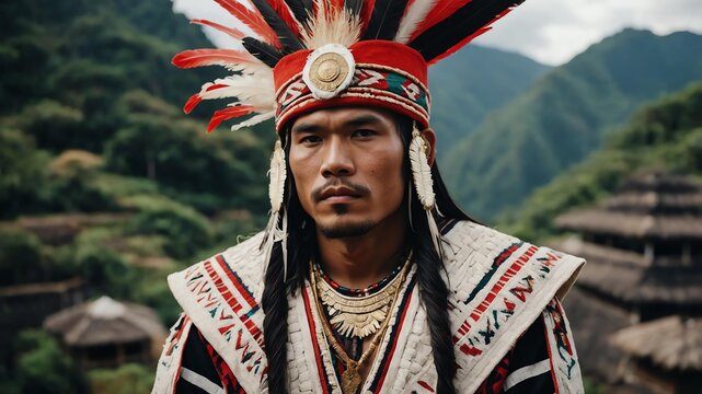 Handsome Igorot man in white themed ornate garment on a historical background